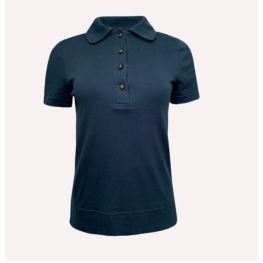 Tory Burch Lennox Polo Five Button Cotton Short Sleeve Navy Size Medium - Picture 2 of 11